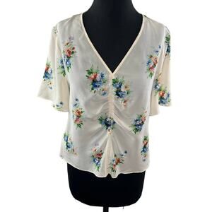 MADEWELL White 10 Top Silk Floral Ruched Front V-Neck Short Sleeve Pullover NEW
